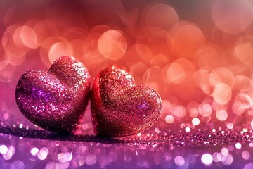 Fototapeta premium Two hearts sitting shiny surface pink background