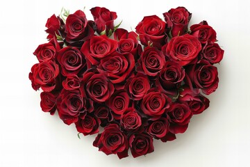 Heart of roses on white surface