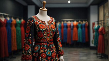 Obraz premium Generative AI women clothing ethnic folk embroidery dress on hanger high fashion store boutique