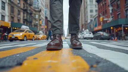Fototapeta premium Close-up shot of a person in brown shoes crossing a busy urban street with taxis and buildings in the background.