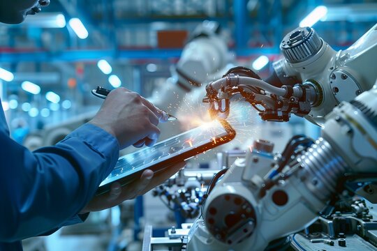 Person using tablet among factory robots