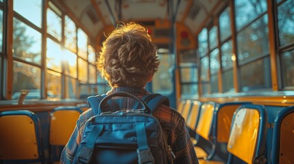 Young child with a backpack sitting alone on a school bus during sunset, capturing a moment of reflection and solitude.