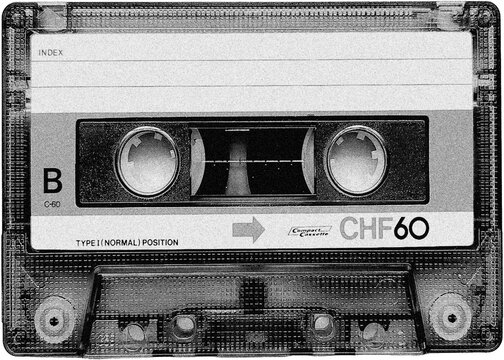 Analog media, cassettes and tapes, grunge style, pop, funk, rock, tape, 90s, 80s, lifestyle, music, collage, cutouts, halftone. Retro posters