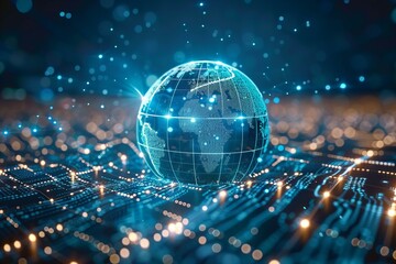 Globe on circuit board with illuminated lights