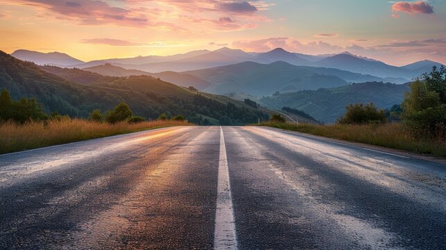 Low level view of empty old paved road in mountain area at sunset