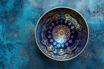 Beautiful blue ceramic bowl with golden patterns and decoration in the style of an ancient Arabic palace