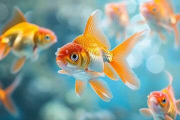 Fototapeta premium Many goldfish swimming in a tank with blue water