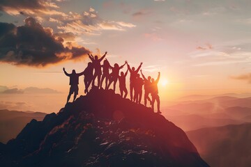Silhouettes of people helping each other reach mountain top