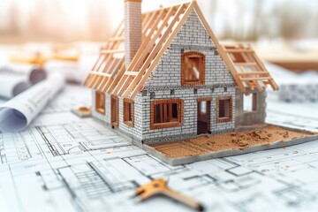Model house on blueprint close up