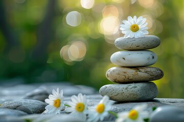 Stacked rocks adorned by single flower