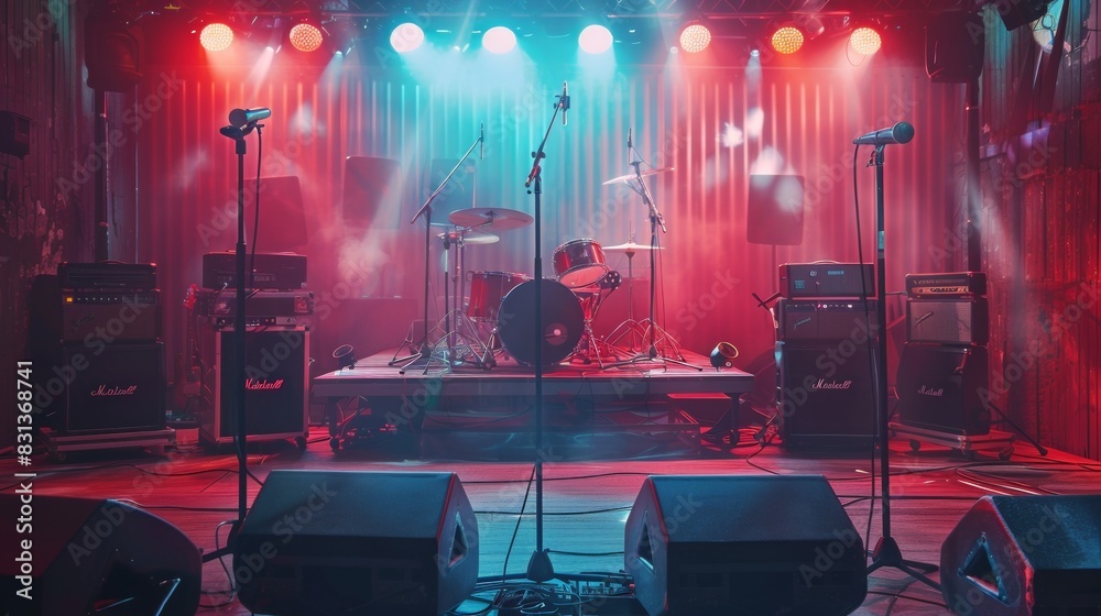 Leinwandbilder A stage illuminated by a plethora of vibrant lights, creating a dazzling display for a musical performance with instruments and microphones. Generative AI
