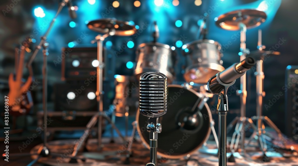 Aufkleber a microphone and drums stand on a stage, ready for a dynamic performance under the spotlight. genera