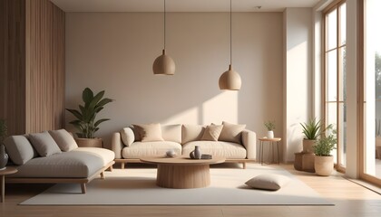 Modern interior style design living room. Lighting and sunny Scandinavian apartment with plaster and wood. 3D Rendering