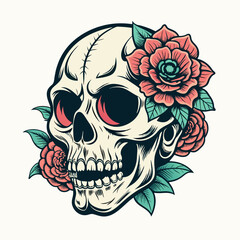 vintage tshirt print design (on a white background:1.2), digital art of a floral skull with blooming flowers growing from its eye sockets and cracks, comics style, highly detailed, 4k, masterpiece