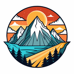 mountain landscape for t-shirt design, sun, white background