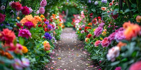 Naklejka premium A charming garden path lined with an array of blooming flowers beckons visitors to stroll through a fragrant corridor of colors and scents. Concept Garden Path, Blooming Flowers, Fragrant Corridor