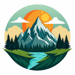 mountain landscape for t-shirt design, sun, white background