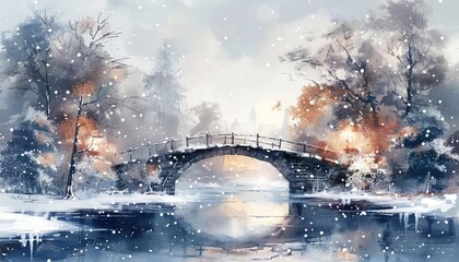 A snowcovered bridge over a frozen river, with gentle snowfall creating a serene atmosphere, soft light, pastel colors, watercolor technique,