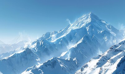 Obraz premium A snowcovered mountain range under a clear blue sky, with sunlight reflecting off the peaks, high contrast, photorealistic style,