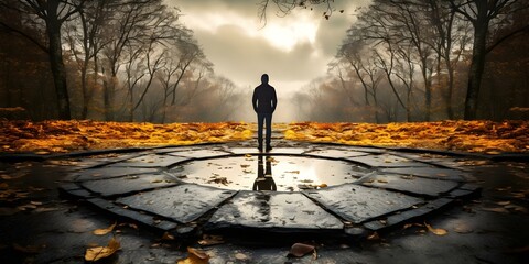 Man choosing environmental path at crossroads for best chance of protection. Concept Environmental Conservation, Decision-Making, Sustainability, Crossroads, Protection