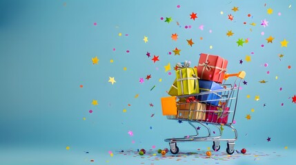 Shopping Cart with Gift Boxes and Confetti on Blue Background