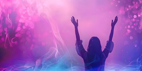 A striking photograph capturing the essence of worship, with a woman's hands raised against a dynamic purple and pink background.