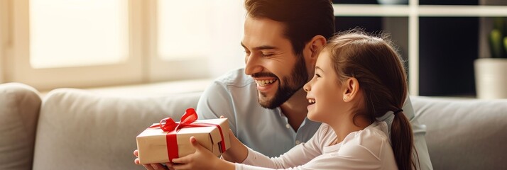 A little girl sits next to her father on the sofa and gives him a gift box