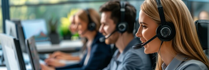 Team of business professionals in headsets using computers