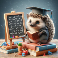 Hedgehog student with a textbook near the school board