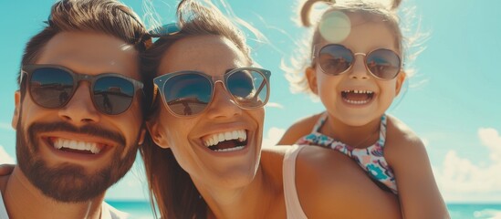 Couple wearing sunglasses, smiling happily while the woman gives a piggyback ride to a young girl, with a beach and the ocean in the background-