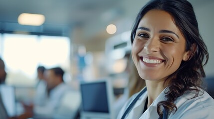 Obraz premium Female medical doctor smiling while discussing a case with her colleagues in a hospital conference room