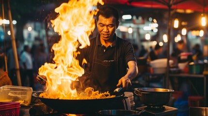 Street food chef stirs noodles in flaming wok