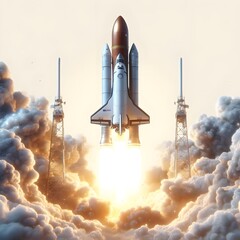 Obraz premium Rocket launch with fire isolated on a white background, Rocket Launching Innovation and Progress Isolated on White Background AI Generated