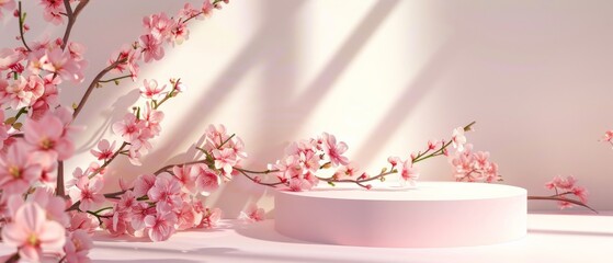 Background podium 3D spring flower product beauty pink display nature. 3D podium stand background scene floral mockup cosmetic white blossom pink background for product presentation with shadows 
