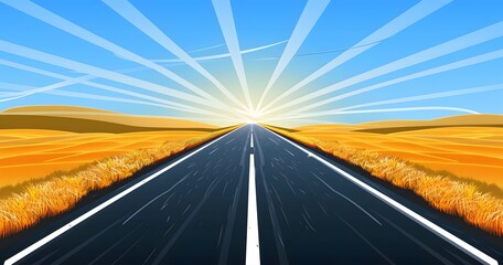 Naklejka premium Scenic Road at Sunset with Yellow Grass and Blue Sky