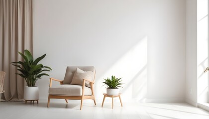 Modern minimalist interior with an armchair on an empty white color wall background. 3D Rendering