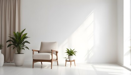 Modern minimalist interior with an armchair on an empty white color wall background. 3D Rendering