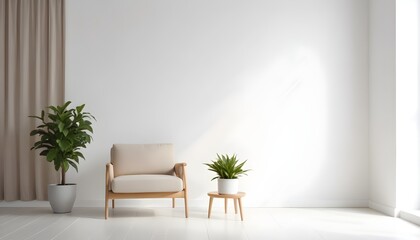 Modern minimalist interior with an armchair on an empty white color wall background. 3D Rendering