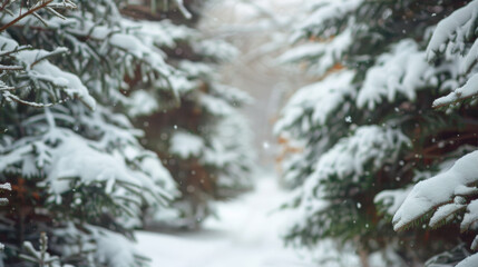 beautiful New Year's white winter background with snow-covered pine trees in the forest close-up with falling snowflakes and a path between them, bokeh and space for text, Blurred forest path