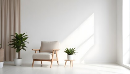 Modern minimalist interior with an armchair on an empty white color wall background. 3D Rendering