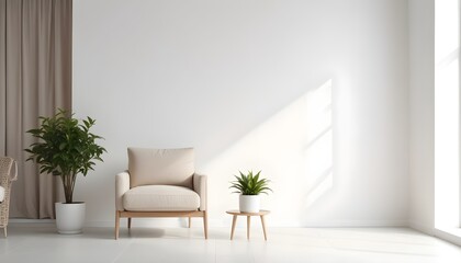 Fototapeta premium Modern minimalist interior with an armchair on an empty white color wall background. 3D Rendering