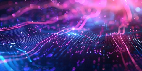 Obraz premium Futuristic abstract background with intertwining lines and circuits, glowing with blue and purple hues, evoking a high-tech and dynamic atmosphere Advanced Technology and Innovation Concept