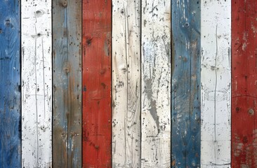 Red, white and blue rustic wood background with distressed wooden planks in the colors of France for national french day or USA celebration Generative AI