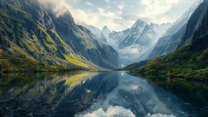 fault-block mountains with dramatic slopes and a tranquil, reflective lake - Powered by Adobe