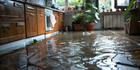 Kitchen floor flooded with water emphasizing the importance of property damage insurance. Concept Property Damage Insurance, Water Damage, Kitchen Flooding, Home Emergencies, Insurance Claims