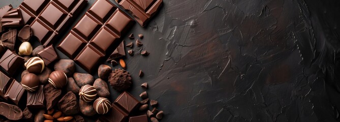 Assorted chocolate and truffles on a textured dark background, ideal for world chocolate day