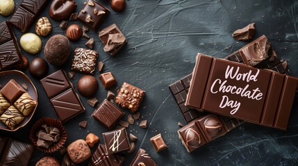 Array of luxurious chocolates with 'world chocolate day' engraved on a chocolate bar
