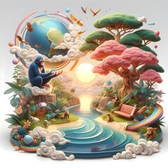 landscape with space flying town, An enchanting fantasy island, brimming with lush flora and faunal elements around a majestic castle, overshadowed by a whimsical giant rabbit