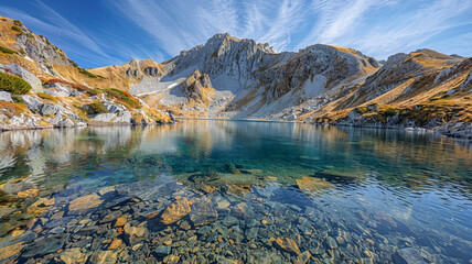 Fototapeta premium fault-block mountains with dramatic, steep slopes and a clear, blue lake