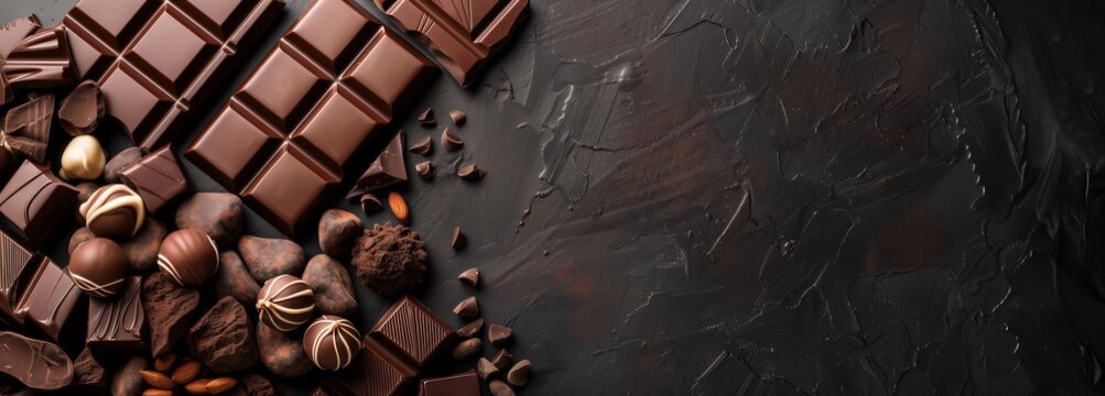 Assorted chocolate and truffles on a textured dark background, ideal for world chocolate day - Powered by Adobe